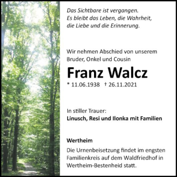 Traueranzeige von Franz Walcz von Fränkische Nachrichten