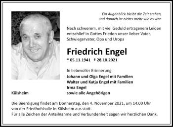 Traueranzeige von Friedrich Engel von Fränkische Nachrichten