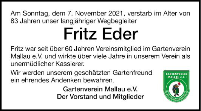 Traueranzeige für Fritz Eder vom 27.11.2021 aus Mannheimer Morgen