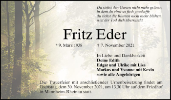 Traueranzeige von Fritz Eder von Mannheimer Morgen