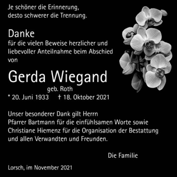 Traueranzeige von Gerda Wiegand von Bergsträßer Anzeiger