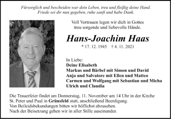 Traueranzeige von Hans-Joachim Haas von Fränkische Nachrichten