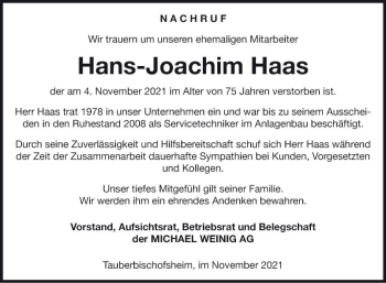 Traueranzeige von Hans-Joachim Haas von Fränkische Nachrichten