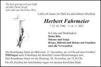Traueranzeige von Herbert Fahrmeier von Fränkische Nachrichten