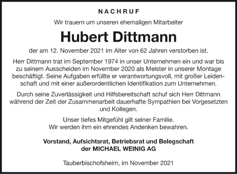  Traueranzeige für Hubert Dittmann vom 17.11.2021 aus Fränkische Nachrichten