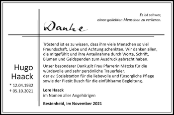 Traueranzeige von Hugo Haack von Fränkische Nachrichten