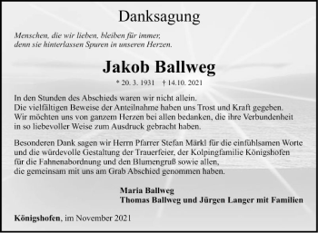 Traueranzeige von Jakob Ballweg von Fränkische Nachrichten
