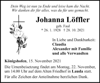 Traueranzeige von Johanna Löffler von Fränkische Nachrichten