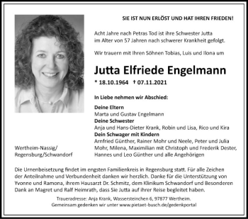 Traueranzeige von Jutta Elfriede Engelmann von Fränkische Nachrichten