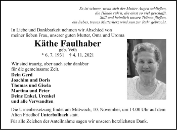 Traueranzeige von Käthe Faulhaber von Fränkische Nachrichten