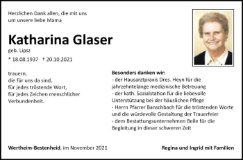 Traueranzeige von Katharina Glaser von Fränkische Nachrichten