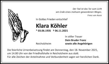 Traueranzeige von Klara Köhler von Fränkische Nachrichten