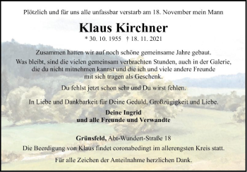 Traueranzeige von Klaus Kirchner von Fränkische Nachrichten