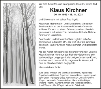Traueranzeige von Klaus Kirchner von Fränkische Nachrichten