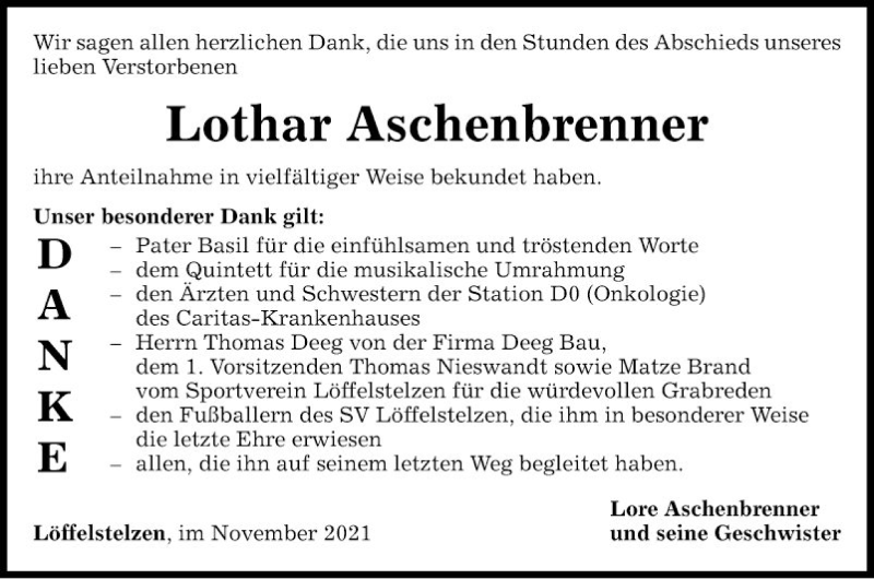  Traueranzeige für Lothar Aschenbrenner vom 13.11.2021 aus Fränkische Nachrichten