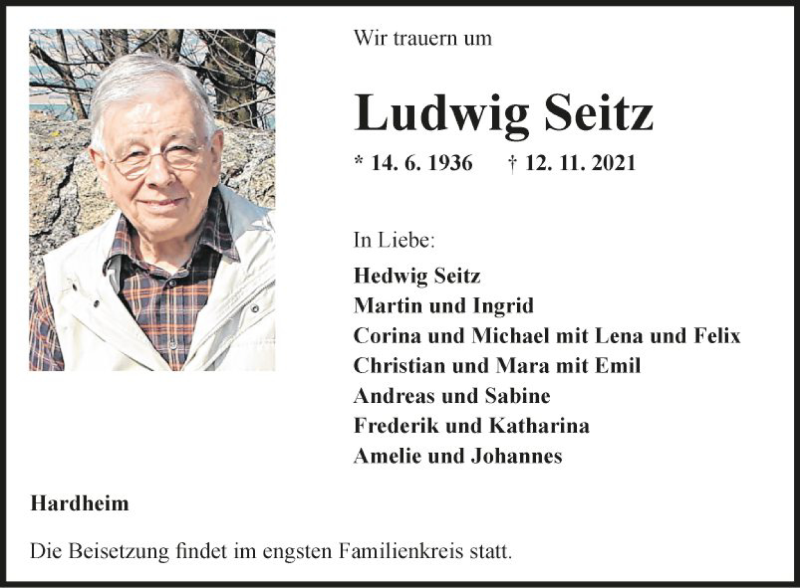  Traueranzeige für Ludwig Seitz vom 16.11.2021 aus Fränkische Nachrichten