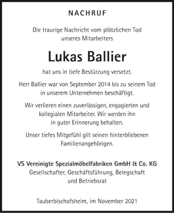 Traueranzeige von Lukas Ballier von Fränkische Nachrichten