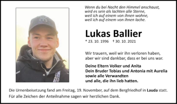 Traueranzeige von Lukas Ballier von Fränkische Nachrichten