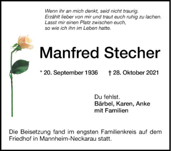 Traueranzeige von Manfred Stecher von Mannheimer Morgen
