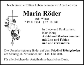 Traueranzeige von Maria Röder von Fränkische Nachrichten