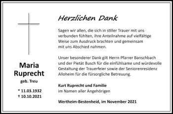 Traueranzeige von Maria Ruprecht von Fränkische Nachrichten