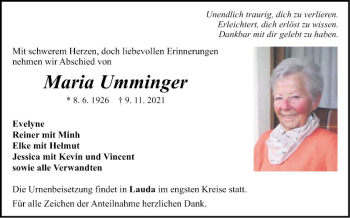 Traueranzeige von Maria Umminger von Fränkische Nachrichten
