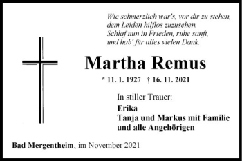 Traueranzeige von Martha Remus von Fränkische Nachrichten