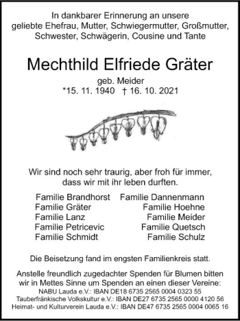 Traueranzeige von Mechthild Elfriede Gräter von Fränkische Nachrichten