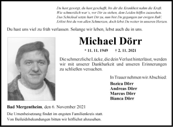 Traueranzeige von Michael Dörr von Fränkische Nachrichten