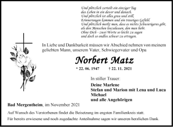 Traueranzeige von Norbert Matz von Fränkische Nachrichten