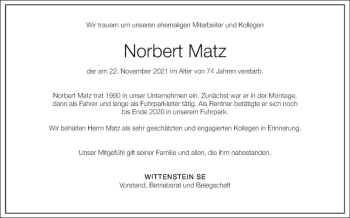 Traueranzeige von Norbert Matz von Fränkische Nachrichten