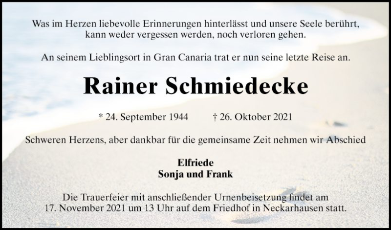  Traueranzeige für Rainer Schmiedecke vom 13.11.2021 aus Mannheimer Morgen