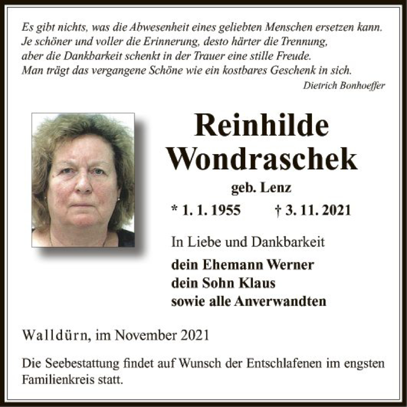  Traueranzeige für Reinhilde Wondraschek vom 13.11.2021 aus Fränkische Nachrichten