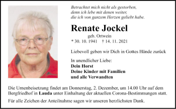 Traueranzeige von Renate Jockel von Fränkische Nachrichten