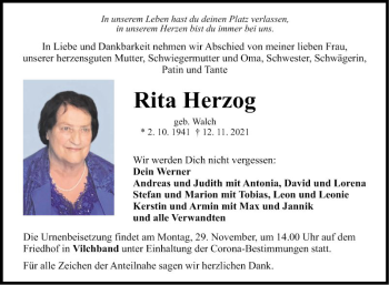 Traueranzeige von Rita Herzog von Fränkische Nachrichten