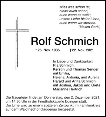 Traueranzeige von Rolf Schmich von Mannheimer Morgen