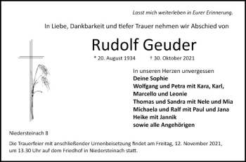 Traueranzeige von Rudolf Geuder von Fränkische Nachrichten