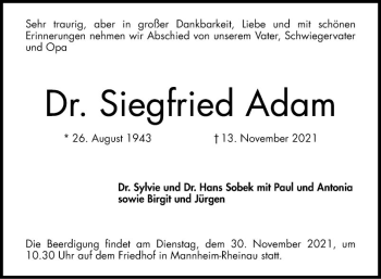 Traueranzeige von Siegfried Adam von Mannheimer Morgen