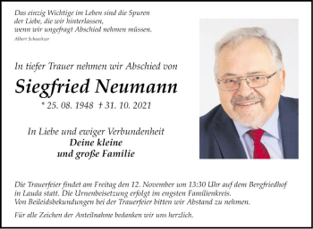 Traueranzeige von Siegfried Neumann von Fränkische Nachrichten