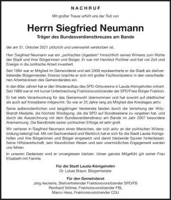 Traueranzeige von Siegfried Neumann von Fränkische Nachrichten