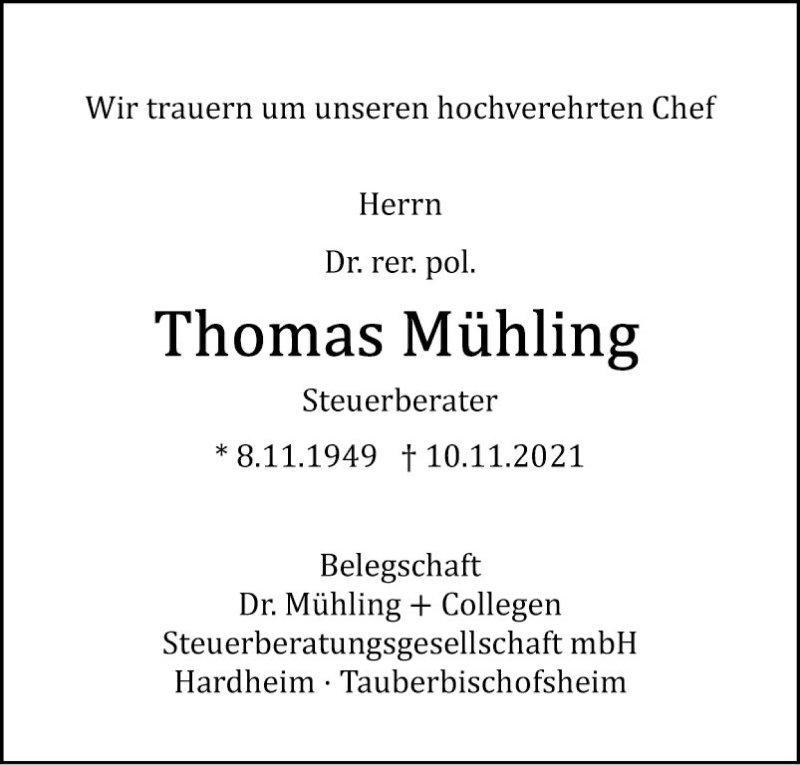  Traueranzeige für Thomas Mühling vom 12.11.2021 aus Fränkische Nachrichten