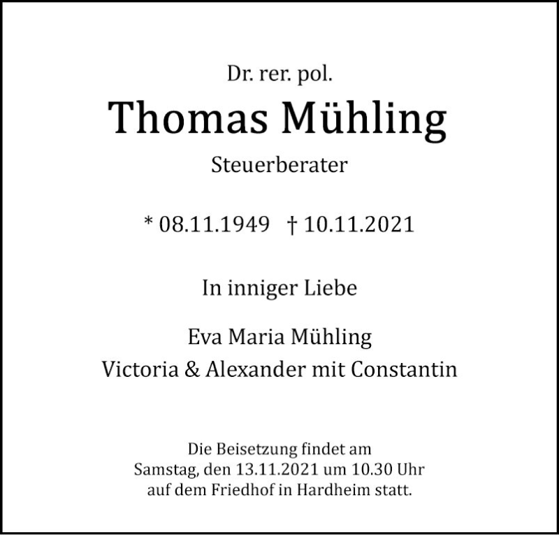  Traueranzeige für Thomas Mühling vom 12.11.2021 aus Fränkische Nachrichten