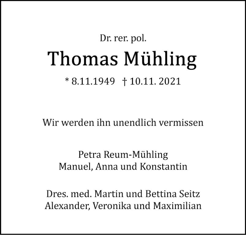  Traueranzeige für Thomas Mühling vom 12.11.2021 aus Fränkische Nachrichten