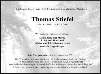 Traueranzeige von Thomas Stiefel von Fränkische Nachrichten