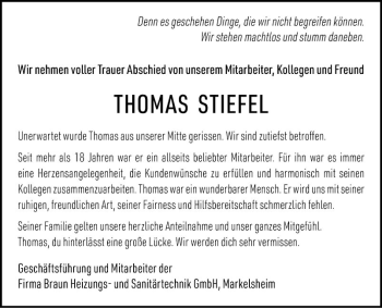 Traueranzeige von Thomas Stiefel von Fränkische Nachrichten