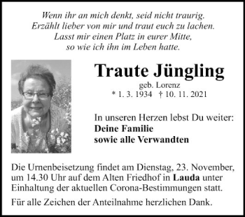 Traueranzeige von Traute Jüngling von Fränkische Nachrichten
