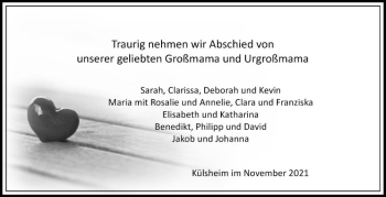 Traueranzeige von Unsere  geliebte Großmama und Urgroßmama von Fränkische Nachrichten
