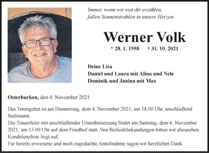  Traueranzeige für Werner Volk vom 04.11.2021 aus Fränkische Nachrichten