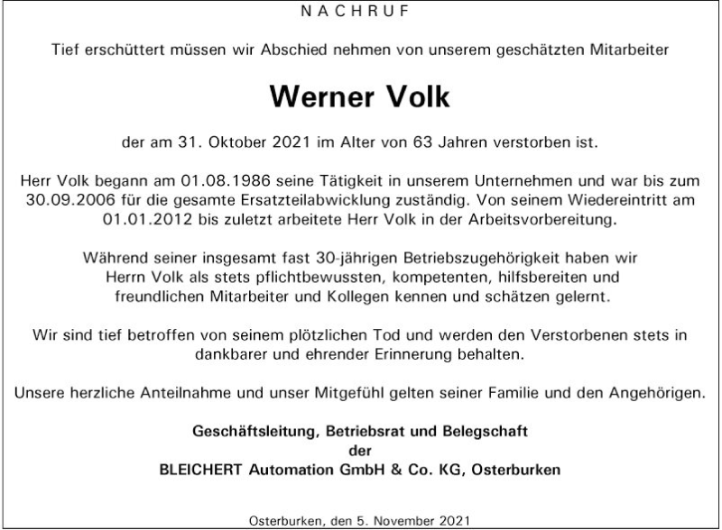  Traueranzeige für Werner Volk vom 06.11.2021 aus Fränkische Nachrichten