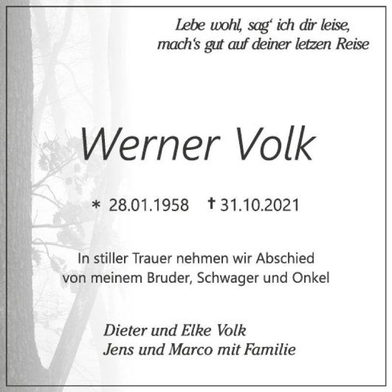  Traueranzeige für Werner Volk vom 05.11.2021 aus Fränkische Nachrichten